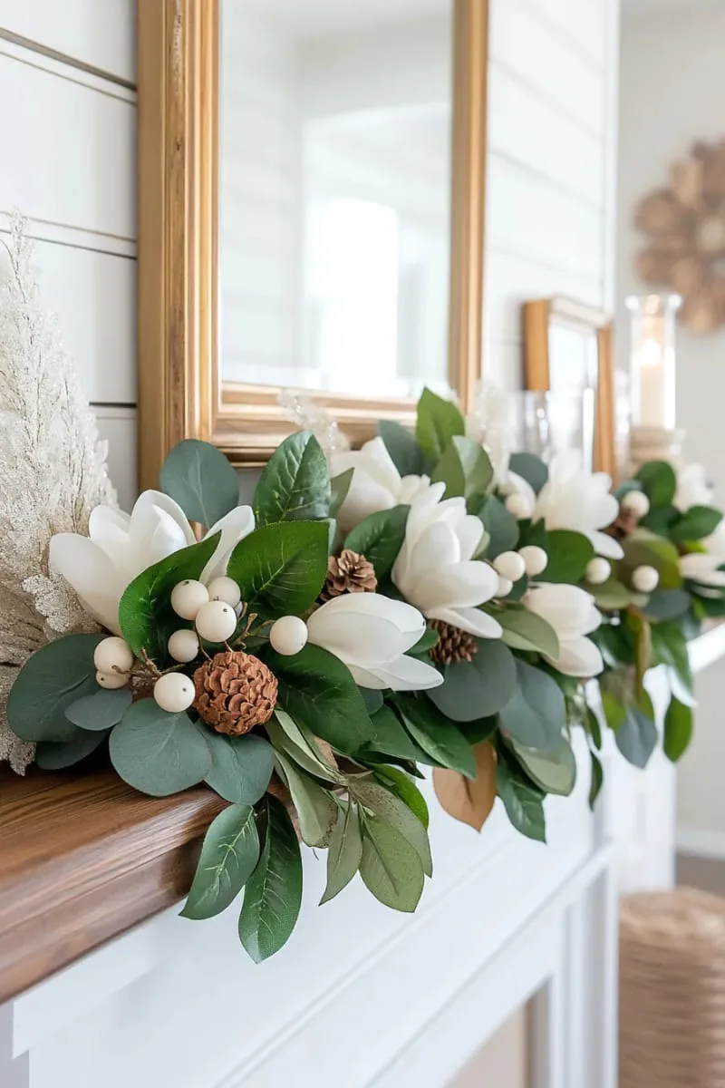 asymmetrical garland with magnolia leaves and white berries 1