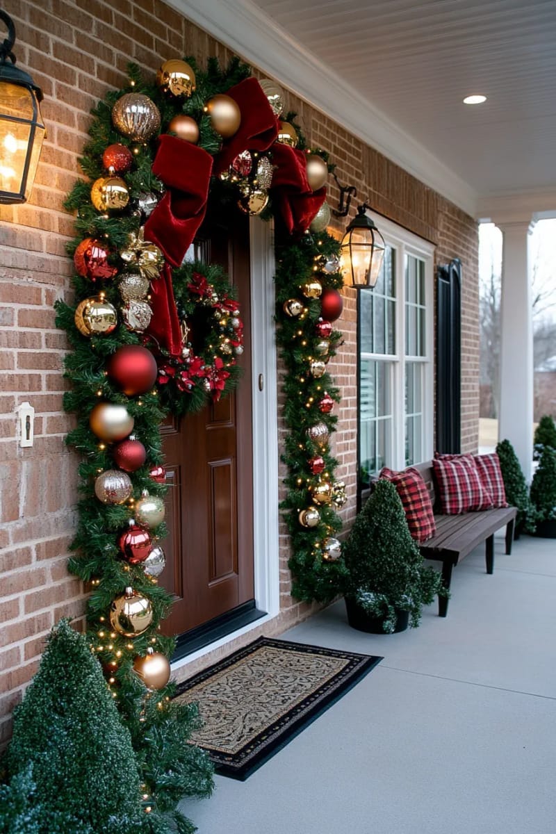 27 Beautiful Christmas Front Door Decor Ideas to Inspire 29 asymmetrical garland with oversized red bows and shimmering baubles 1
