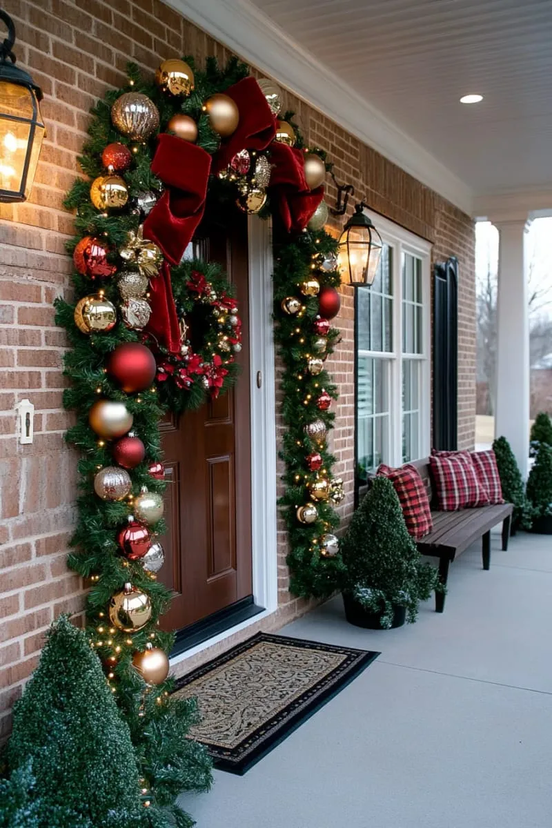 asymmetrical garland with oversized red bows and shimmering baubles 1
