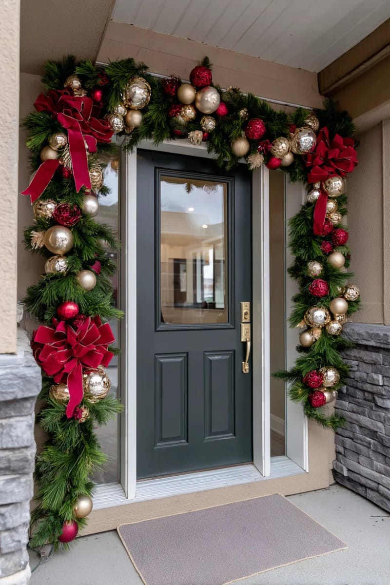 27 Beautiful Christmas Front Door Decor Ideas to Inspire 30 asymmetrical garland with oversized red bows and shimmering baubles 1