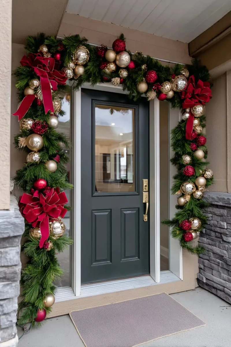 asymmetrical garland with oversized red bows and shimmering baubles 1