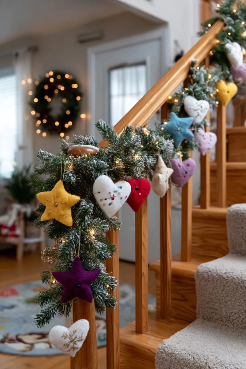 attach handmade felt ornaments to a cozy winter garland for your banister. 1