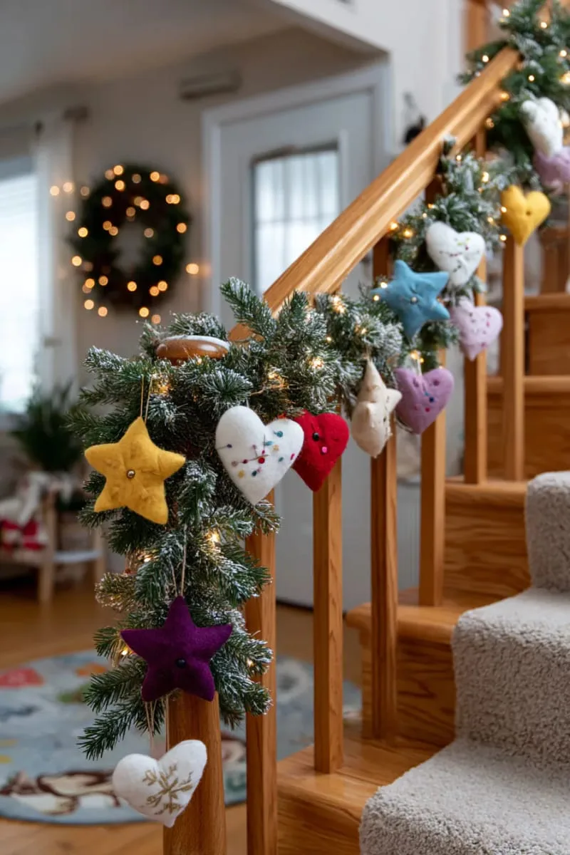 attach handmade felt ornaments to a cozy winter garland for your banister. 1
