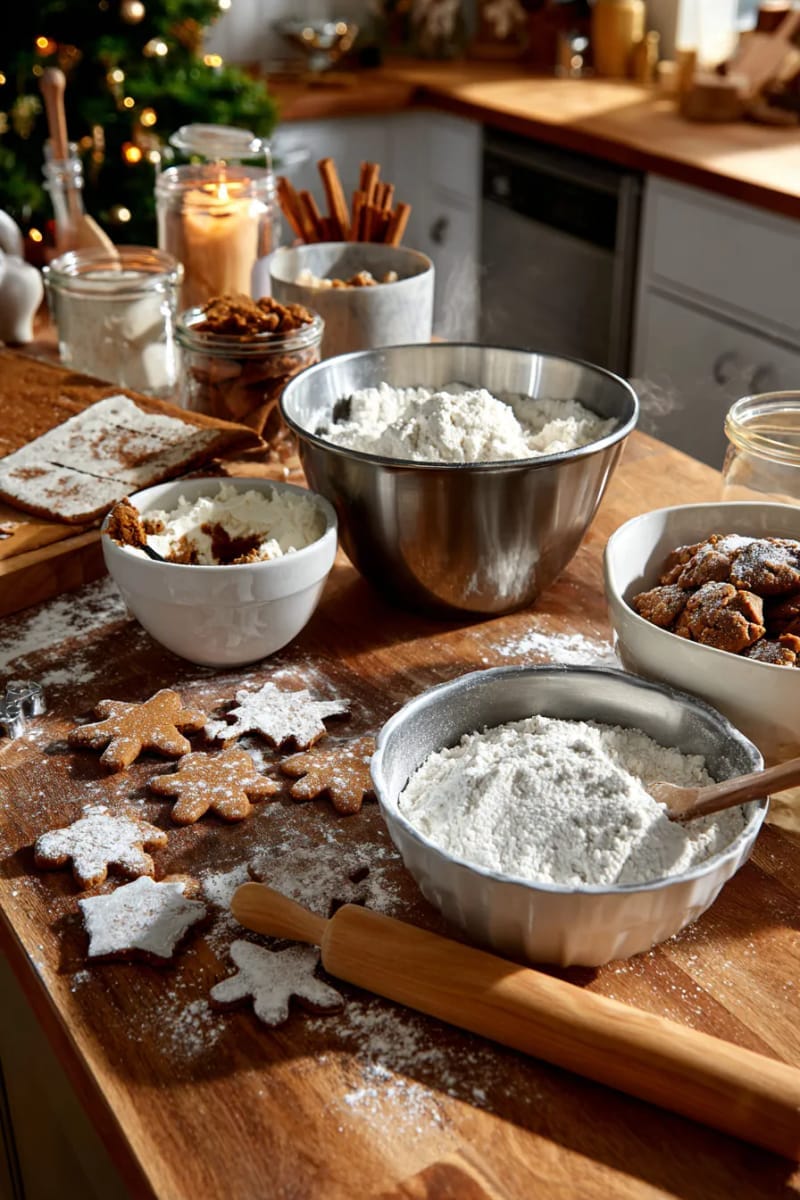 baking day: mixing bowls, gingerbread dough, and cozy candlelight ambiance 1