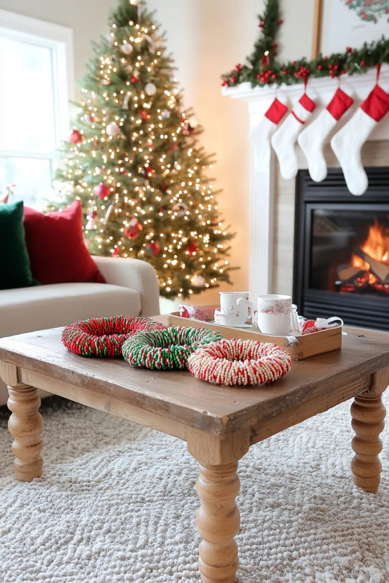 beaded wreath ornaments with pipe cleaners and sparkly plastic beads 1