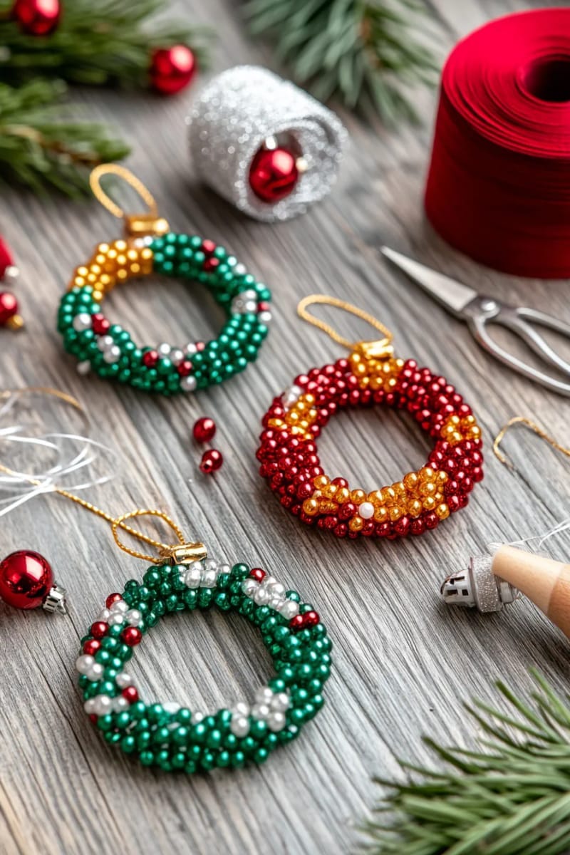 beaded wreath ornaments with pipe cleaners and sparkly plastic beads 1