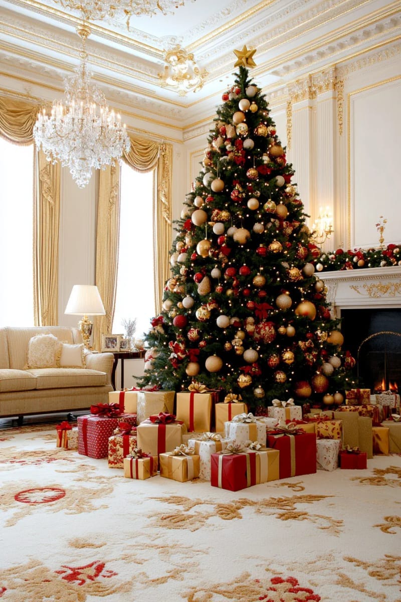 beautiful gold and red tree skirt with wrapped presents underneath 1