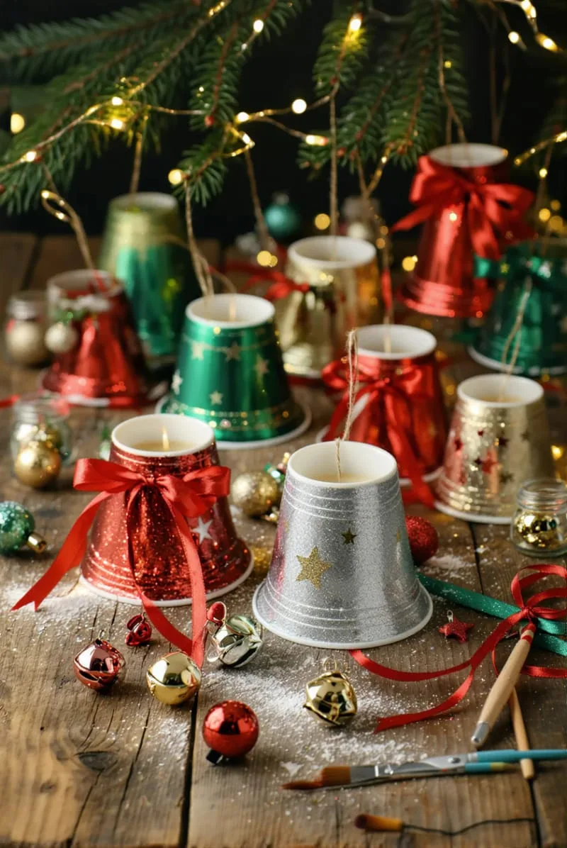 bell-shaped ornaments from painted plastic cups and jingle bells 1