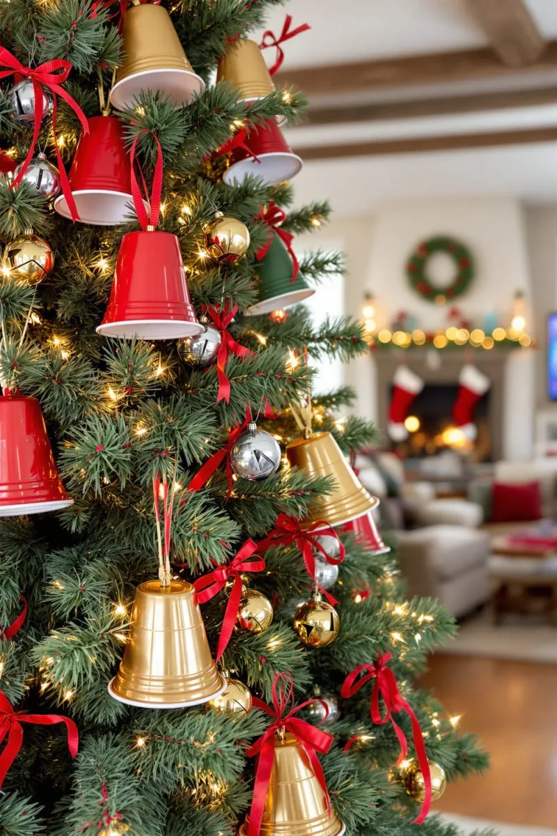 bell-shaped ornaments from painted plastic cups and jingle bells 1