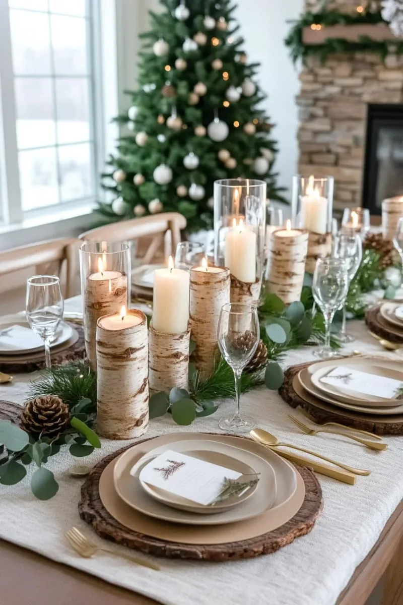 birch bark candle holders surrounded by eucalyptus and cedar 1