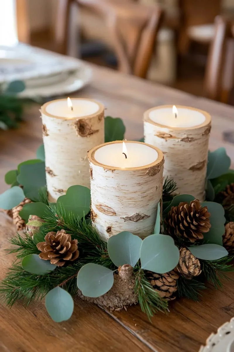 birch bark candle holders surrounded by eucalyptus and cedar 1