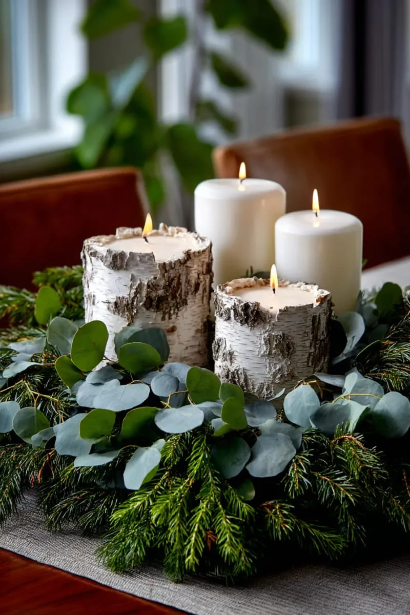 birch bark candle holders surrounded by eucalyptus and cedar 1