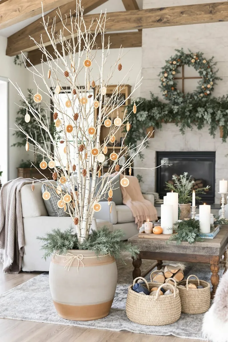 birch branch christmas tree with hanging orange slices and pinecones 1