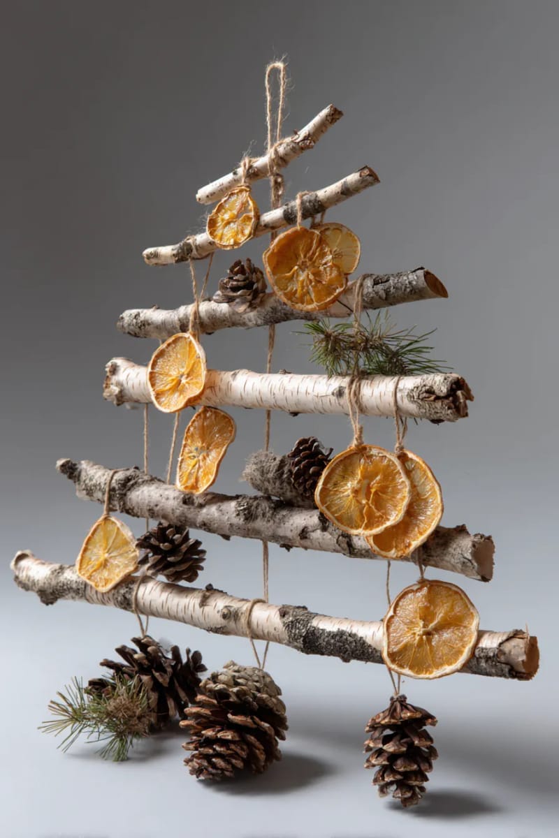29 Inspiring Natural Christmas Decor Ideas for Modern Homes 29 birch branch christmas tree with hanging orange slices and pinecones 1