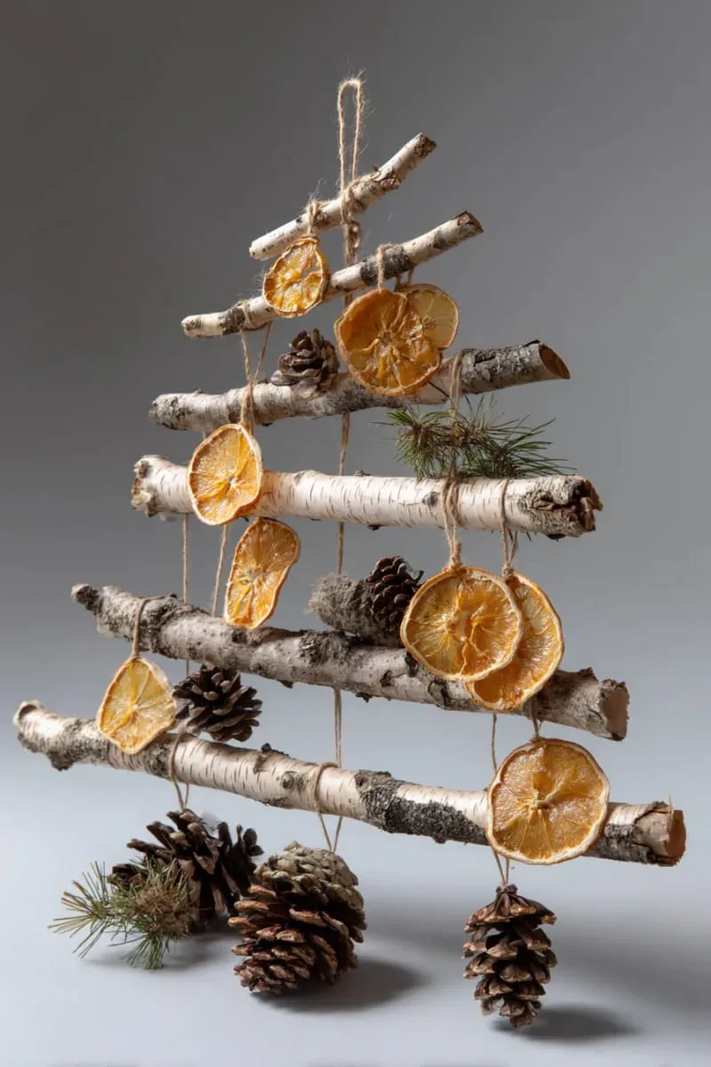birch branch christmas tree with hanging orange slices and pinecones 1