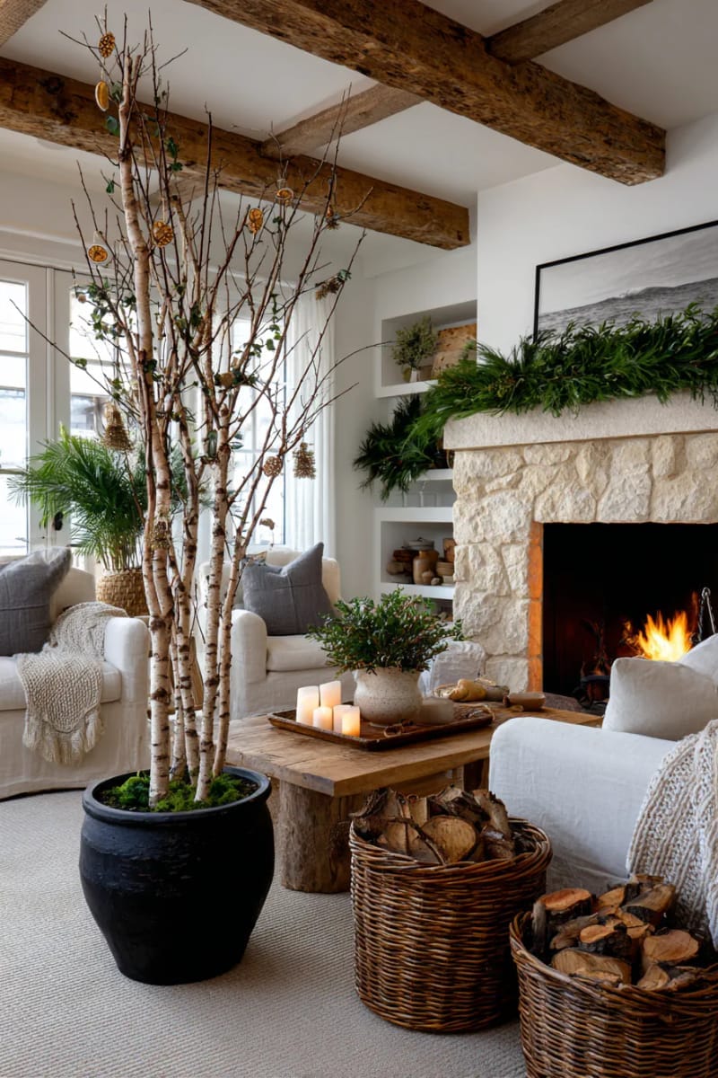 29 Inspiring Natural Christmas Decor Ideas for Modern Homes 30 birch branch christmas tree with hanging orange slices and pinecones 1