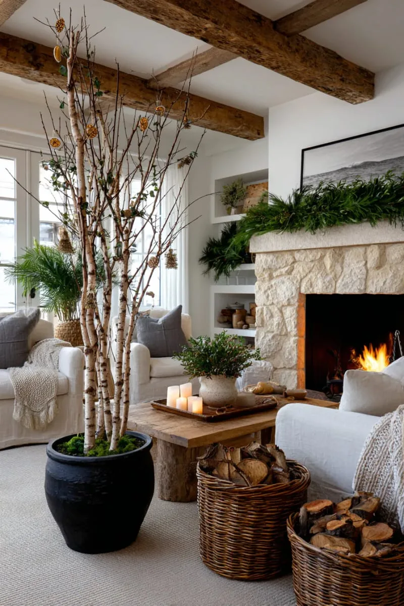 birch branch christmas tree with hanging orange slices and pinecones 1