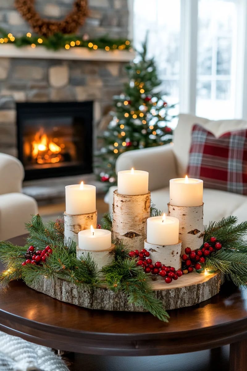 birch log candle holders surrounded by pine sprigs and berries 1