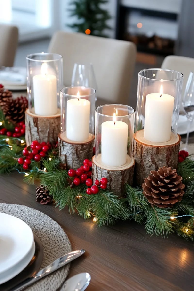 birch log candle holders surrounded by pine sprigs and berries 1