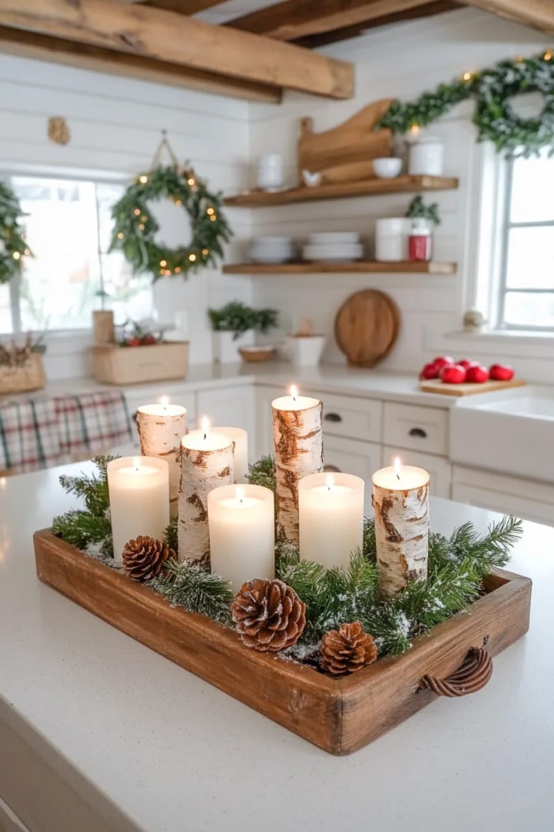 23 Christmas Countertop Decor Ideas Guests Can’t Stop Talking About 9 birch log candle holders surrounded by pinecones and faux snow 1