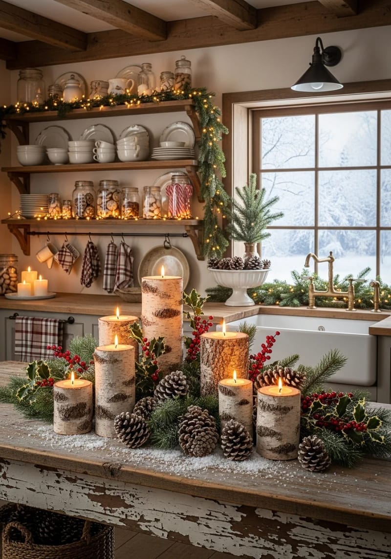 23 Christmas Countertop Decor Ideas Guests Can’t Stop Talking About 10 birch log candle holders surrounded by pinecones and faux snow 1