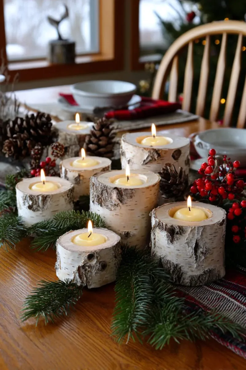 birch log candle holders with carved out tea light spaces 1