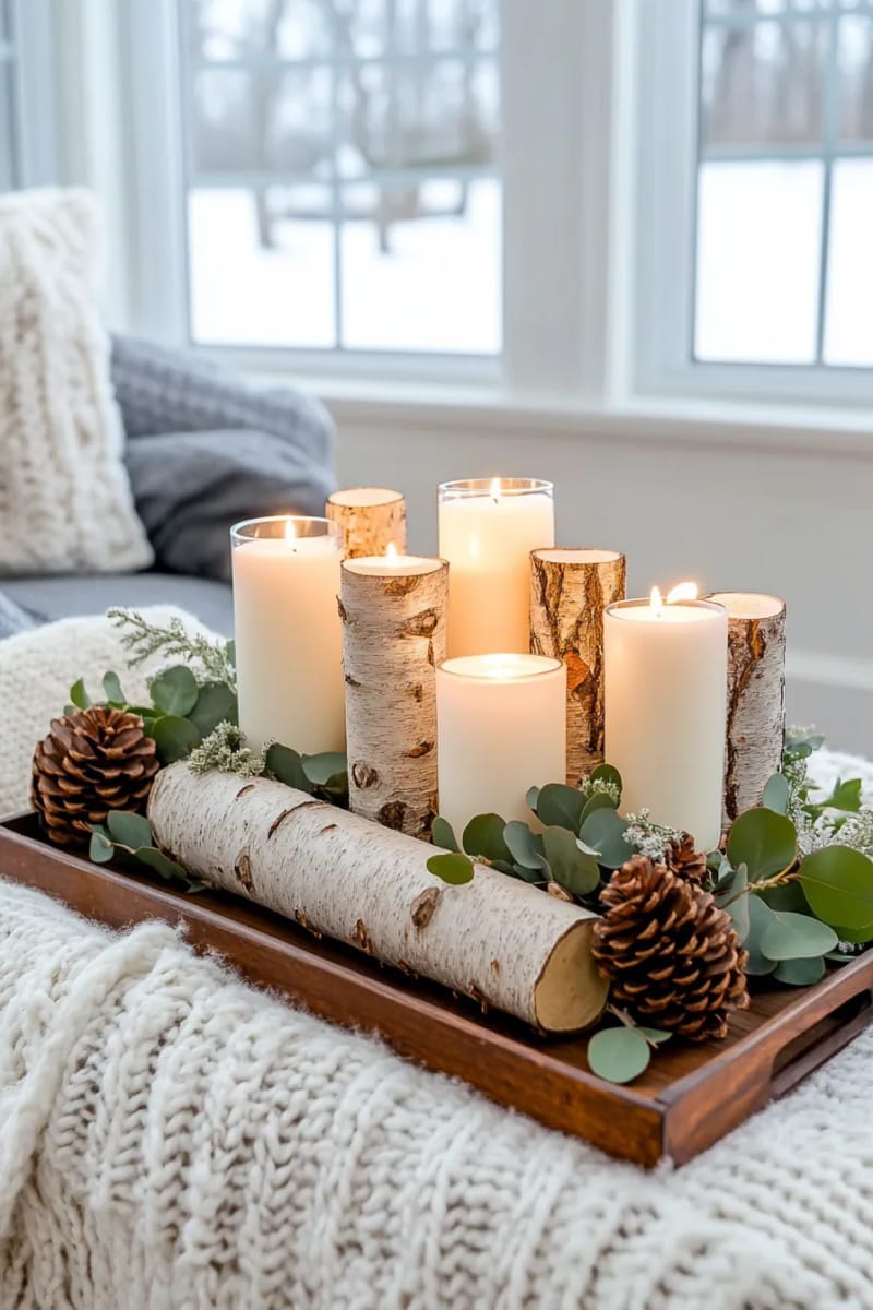 25 Gorgeous Winter Decor Ideas (Not Christmas) for a Serene Home 7 birch log candle holders with flickering led candles 1