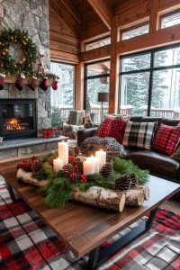 birch log centerpiece with pinecones moss and glow 1