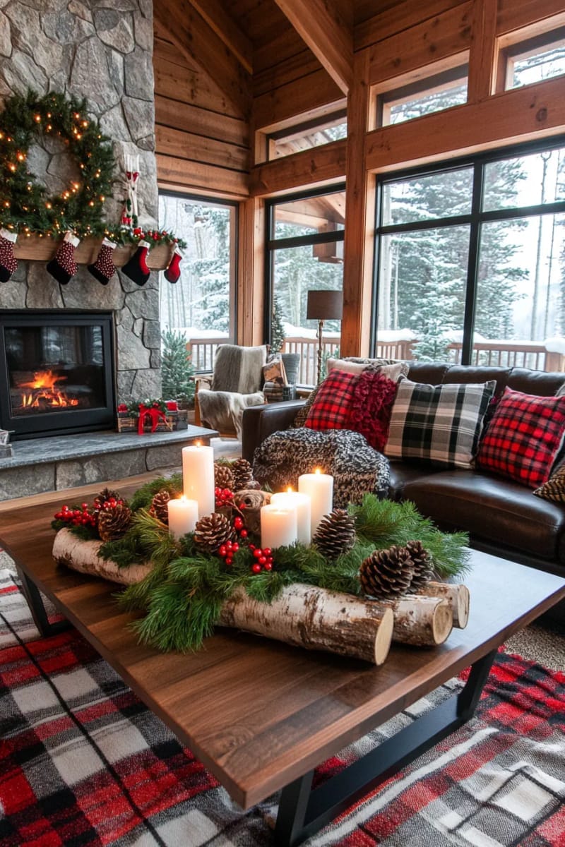 23 Woodsy Christmas Decor Ideas for a Rustic, Cabin-Cozy Holiday 3 birch log centerpiece with pinecones, moss, and glowing pillar candles 1