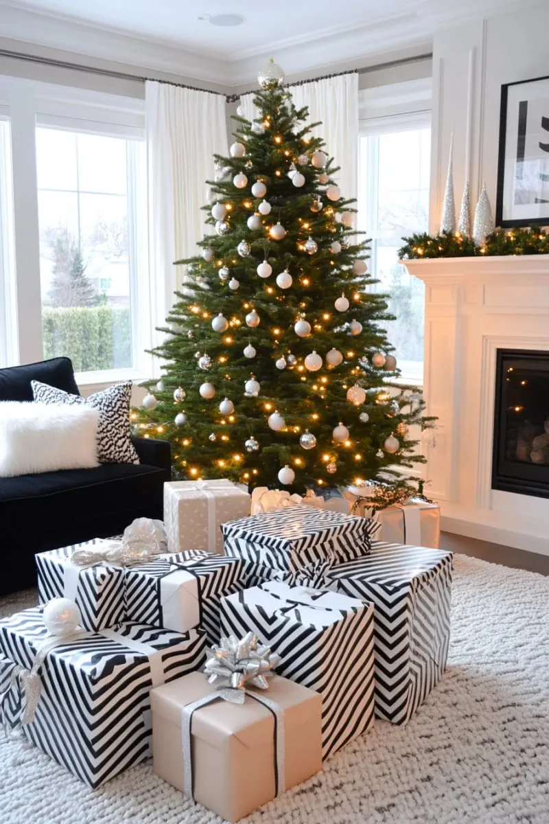 black and white gift wrap with bold graphic patterns under the tree 1