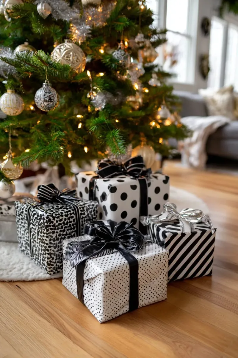 black and white gift wrap with bold graphic patterns under the tree 1
