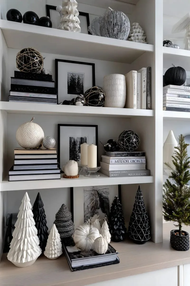 black and white shelf styling with monochrome ornaments and geometric trees 1