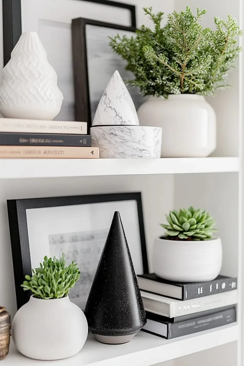 black and white shelf styling with monochrome ornaments and geometric trees 1