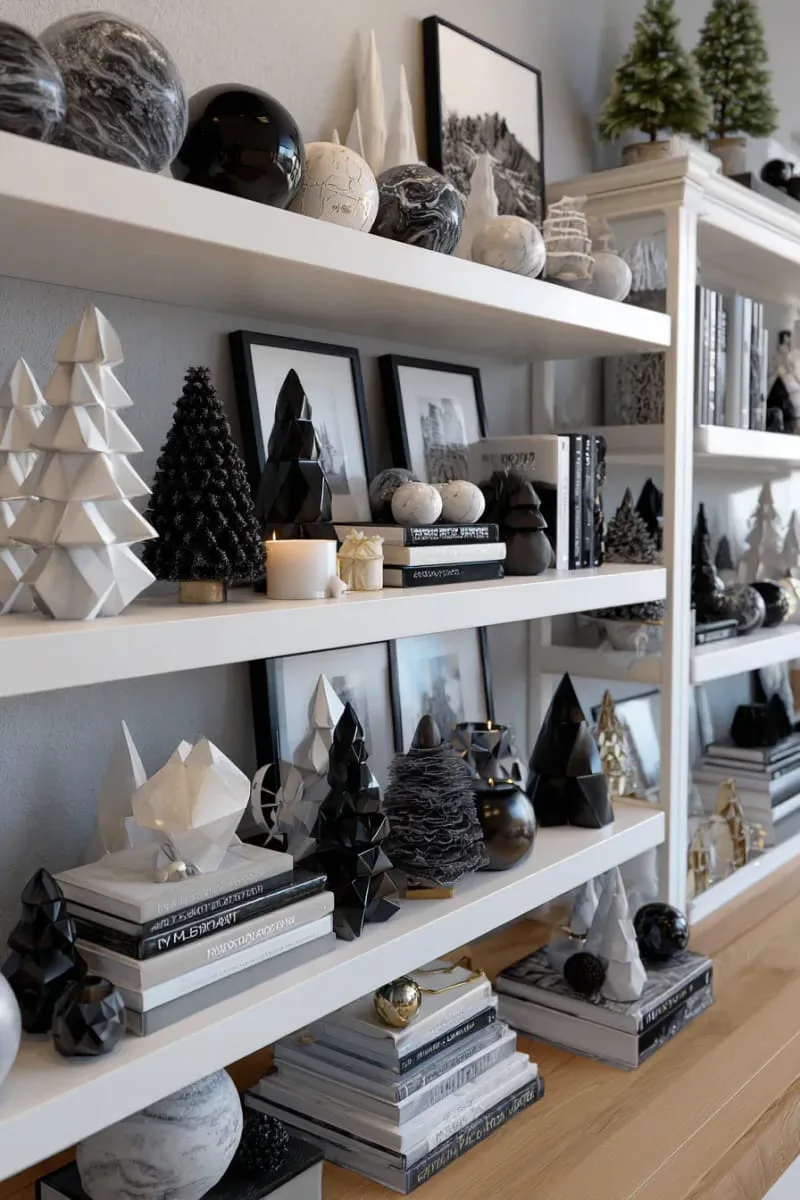 black and white shelf styling with monochrome ornaments and geometric trees 1