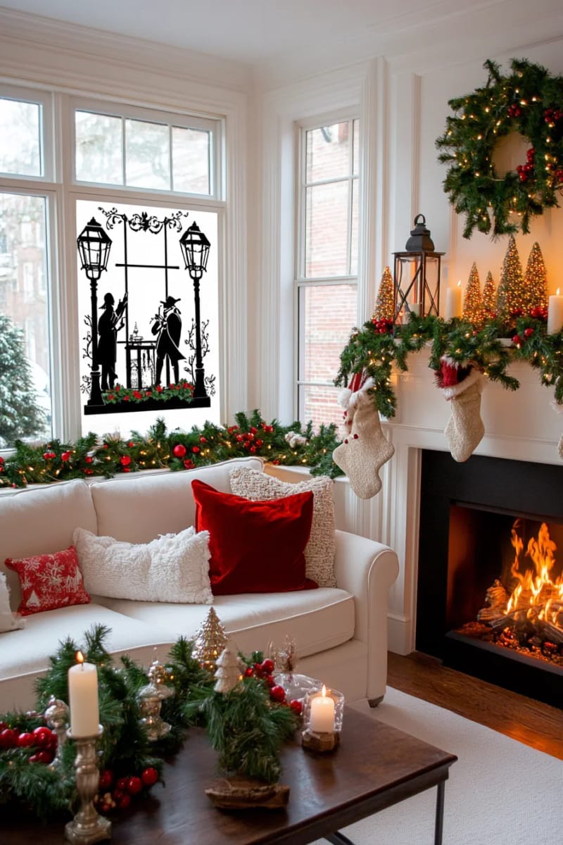 25 Best Christmas Window Decor Ideas to Try This Year 42 black and white silhouette stickers of classic christmas carolers and lamp posts. 1