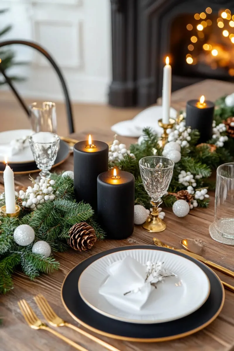 black candle centerpiece surrounded by pinecones and white berries 1
