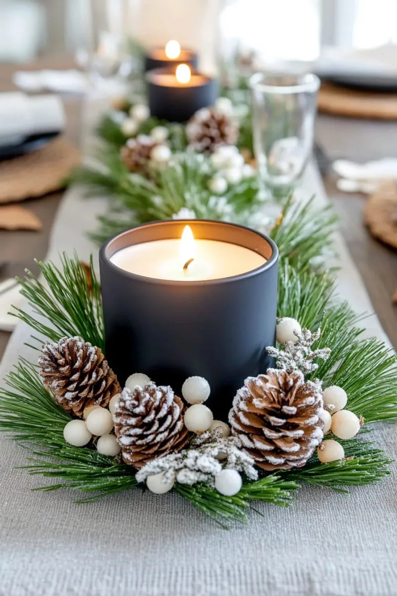 black candle centerpiece surrounded by pinecones and white berries 1