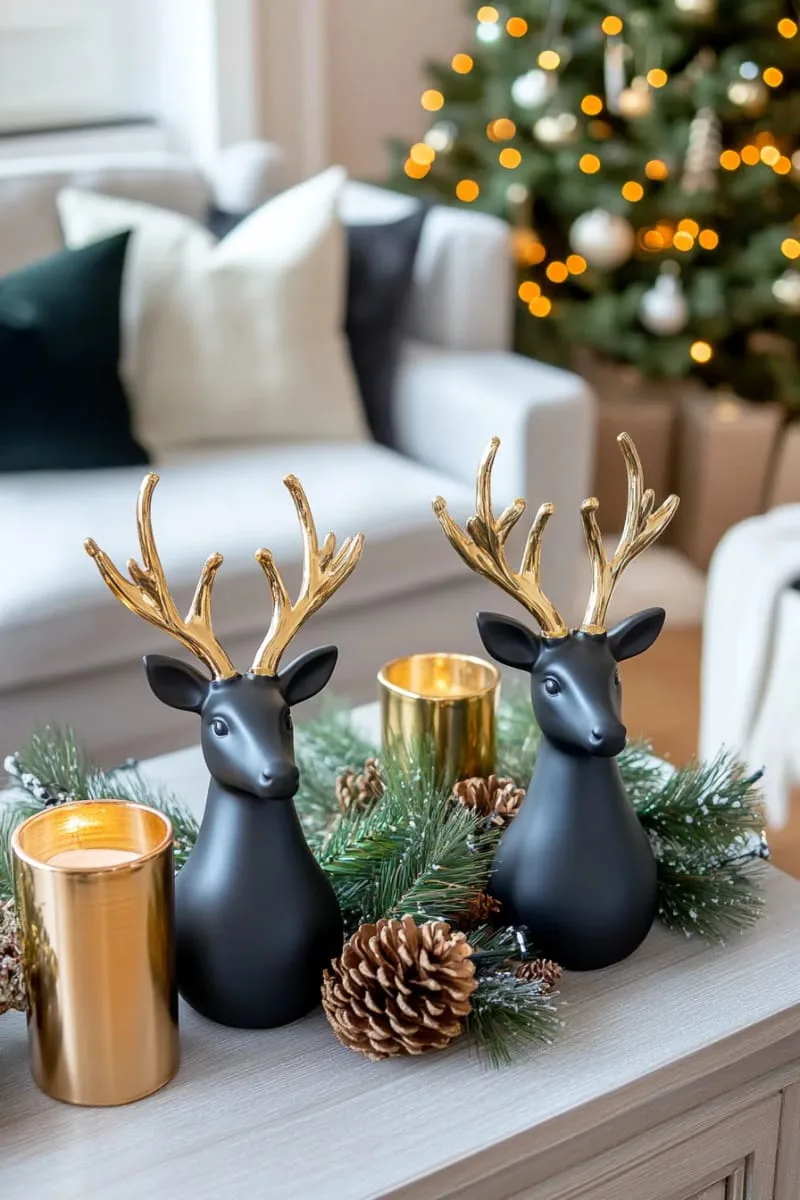 black ceramic reindeer figurines nestled among evergreen sprigs 1