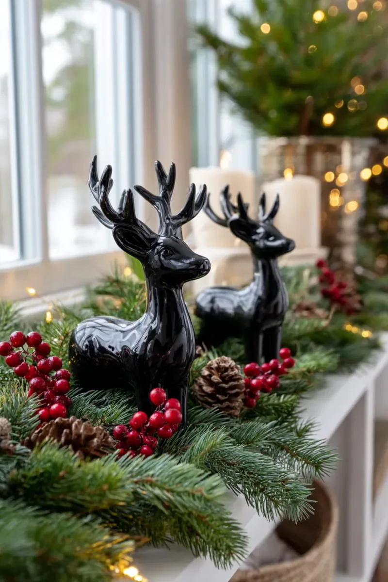 black ceramic reindeer figurines nestled among evergreen sprigs 1