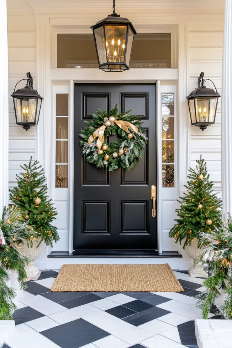 29 Festive Christmas Door Decor Ideas for a Magical Entry 59 black door with simple magnolia wreath and golden accents for dramatic flair 1