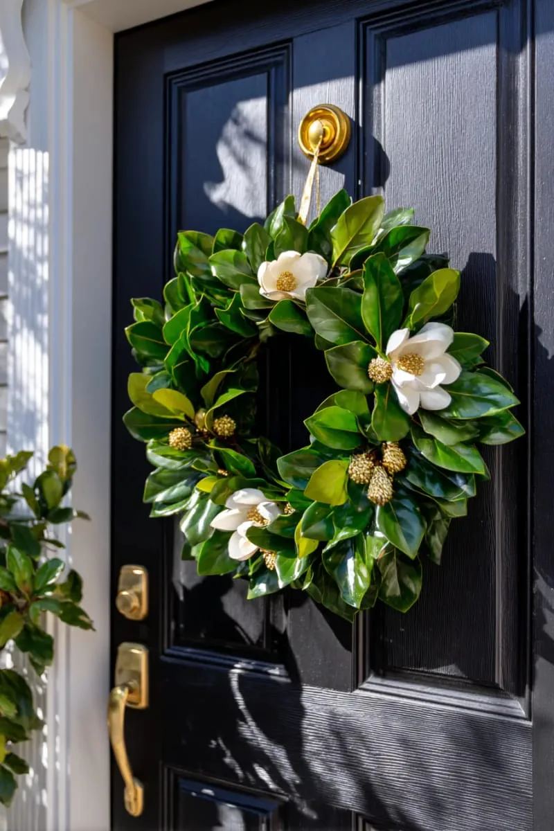 black door with simple magnolia wreath and golden accents for dramatic flair 1