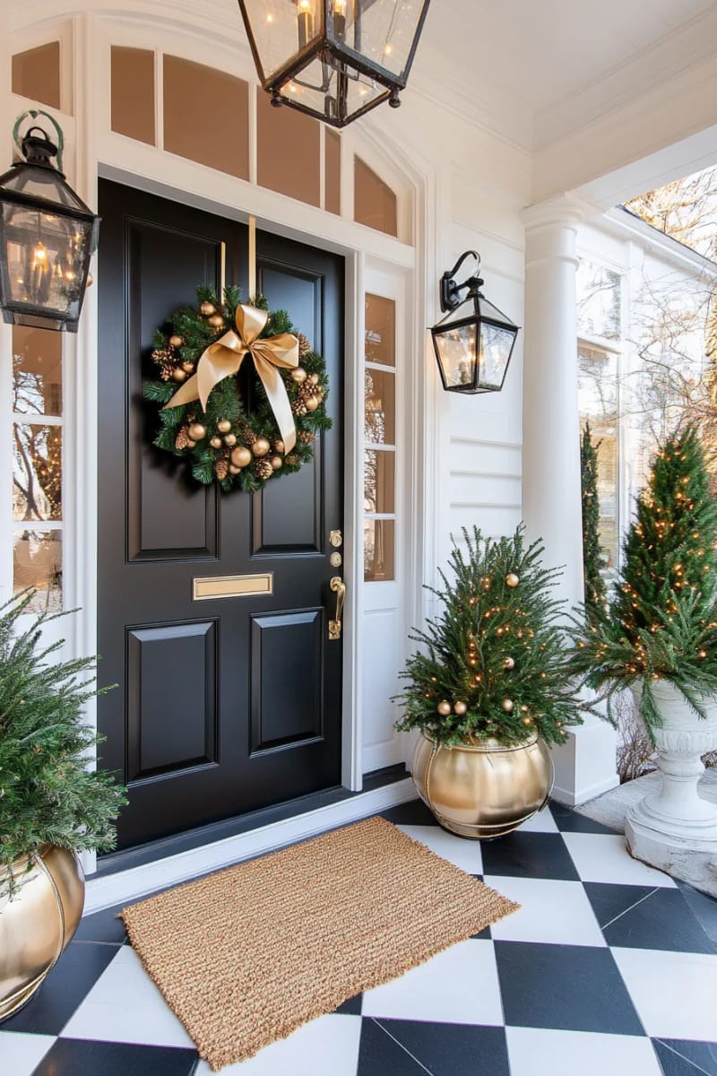 29 Festive Christmas Door Decor Ideas for a Magical Entry 61 black door with simple magnolia wreath and golden accents for dramatic flair 1