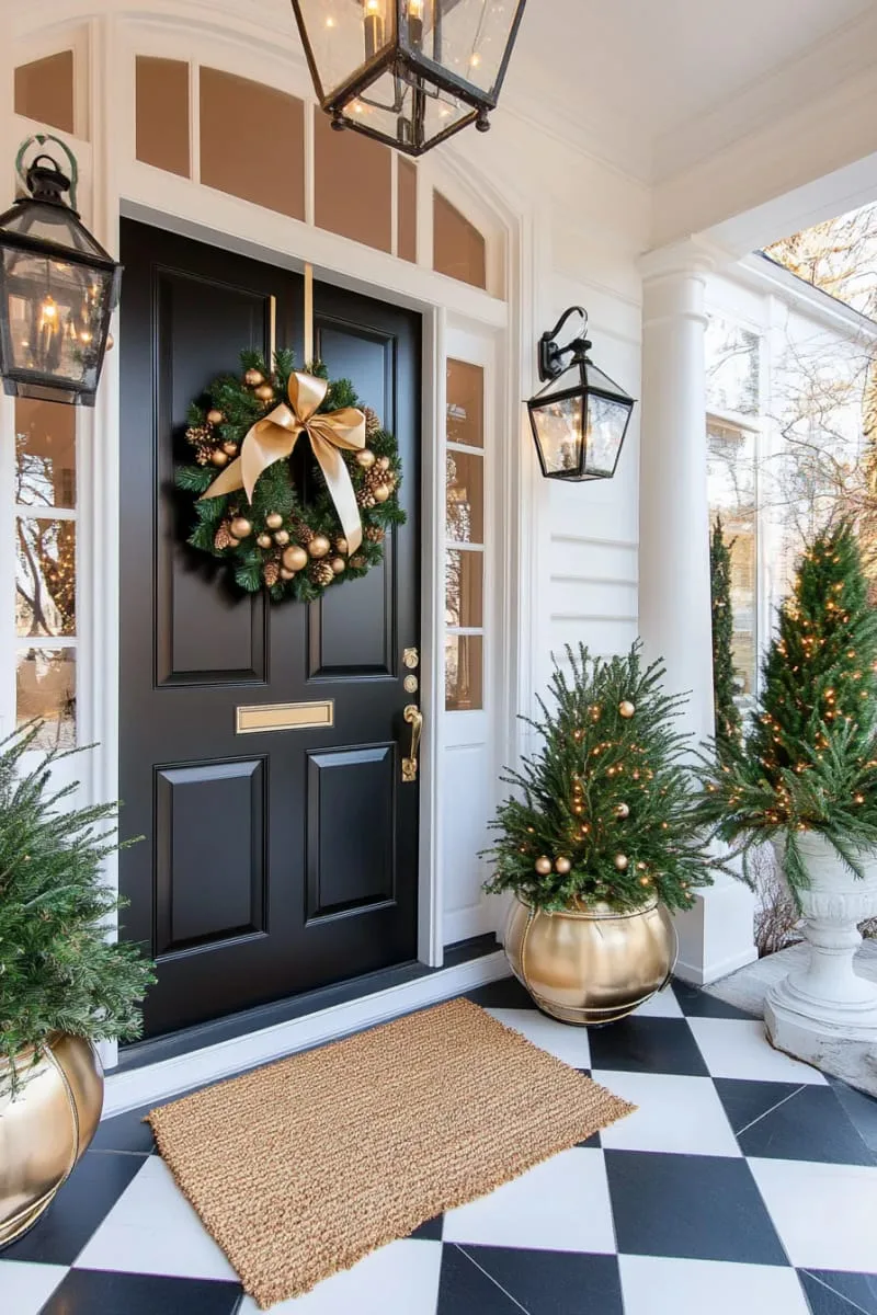 black door with simple magnolia wreath and golden accents for dramatic flair 1
