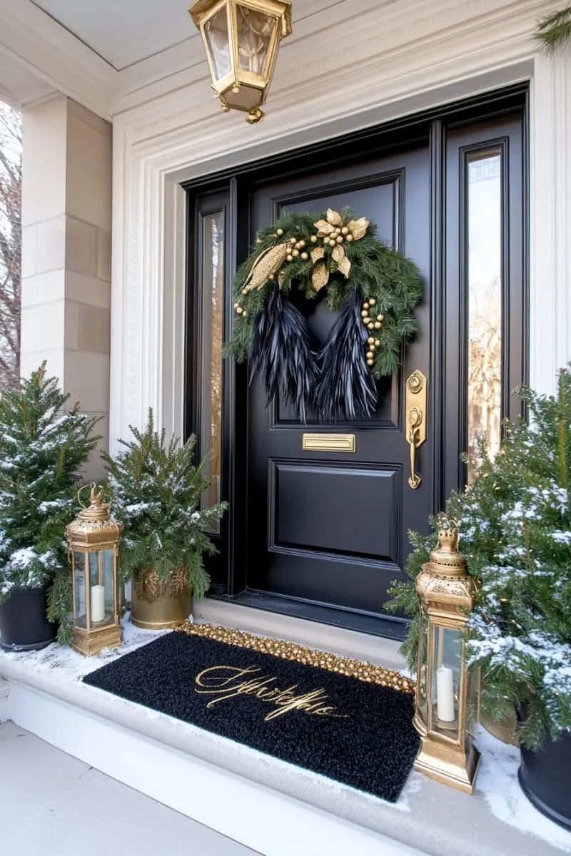 black feather wreath with subtle gold beads for a dramatic door display 1
