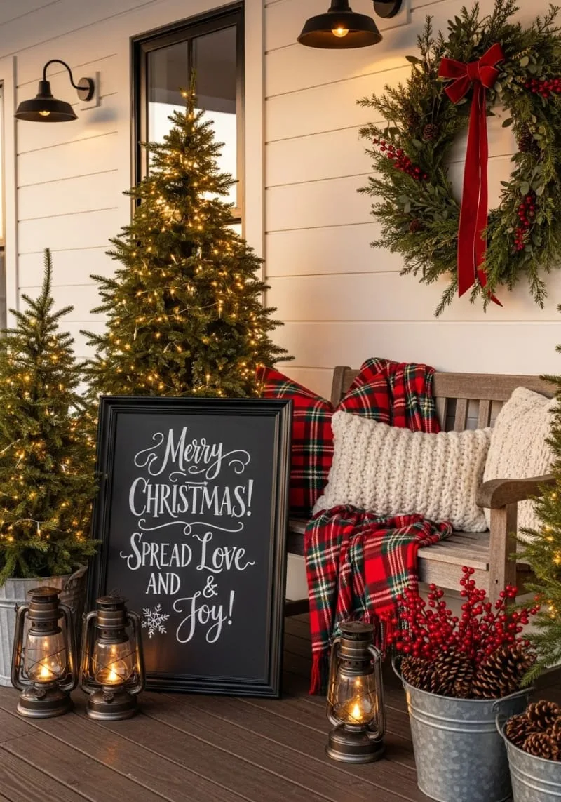 15 Charming Modern Farmhouse Christmas Decor Ideas for a Front Porch 34 black framed chalkboard sign with handwritten festive farmhouse sayings 1