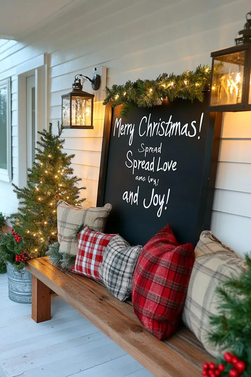 15 Charming Modern Farmhouse Christmas Decor Ideas for a Front Porch 35 black framed chalkboard sign with handwritten festive farmhouse sayings 1