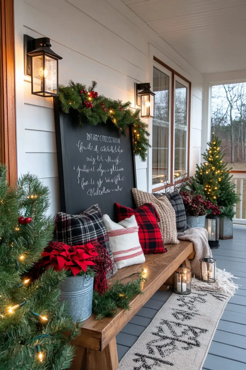 15 Charming Modern Farmhouse Christmas Decor Ideas for a Front Porch 36 black framed chalkboard sign with handwritten festive farmhouse sayings 1