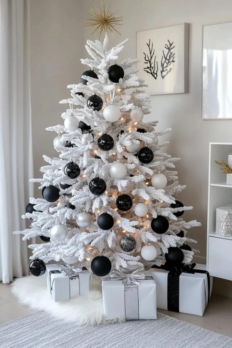black glass ornaments paired with white and silver on a flocked tree 1