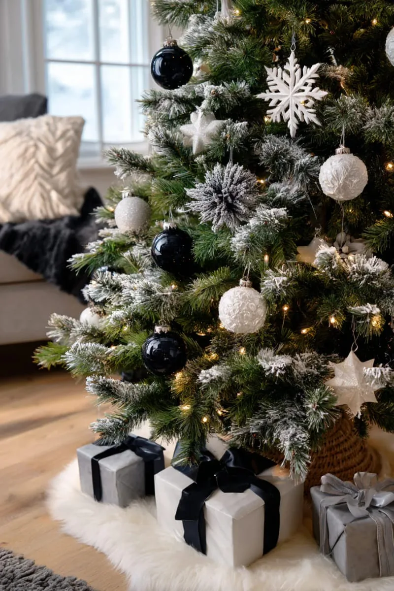 black glass ornaments paired with white and silver on a flocked tree 1