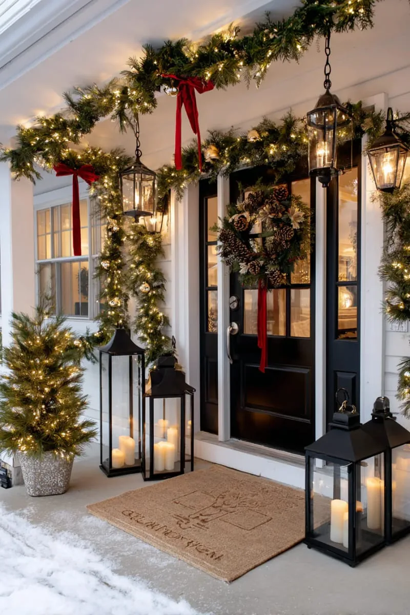 black lanterns filled with fairy lights for glowing christmas entryway style 1